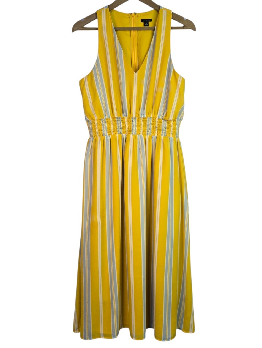 ANN TAYLOR Size M Yellow Sleeveless Dress Smocked Waist, Soft Gray/White Stripes